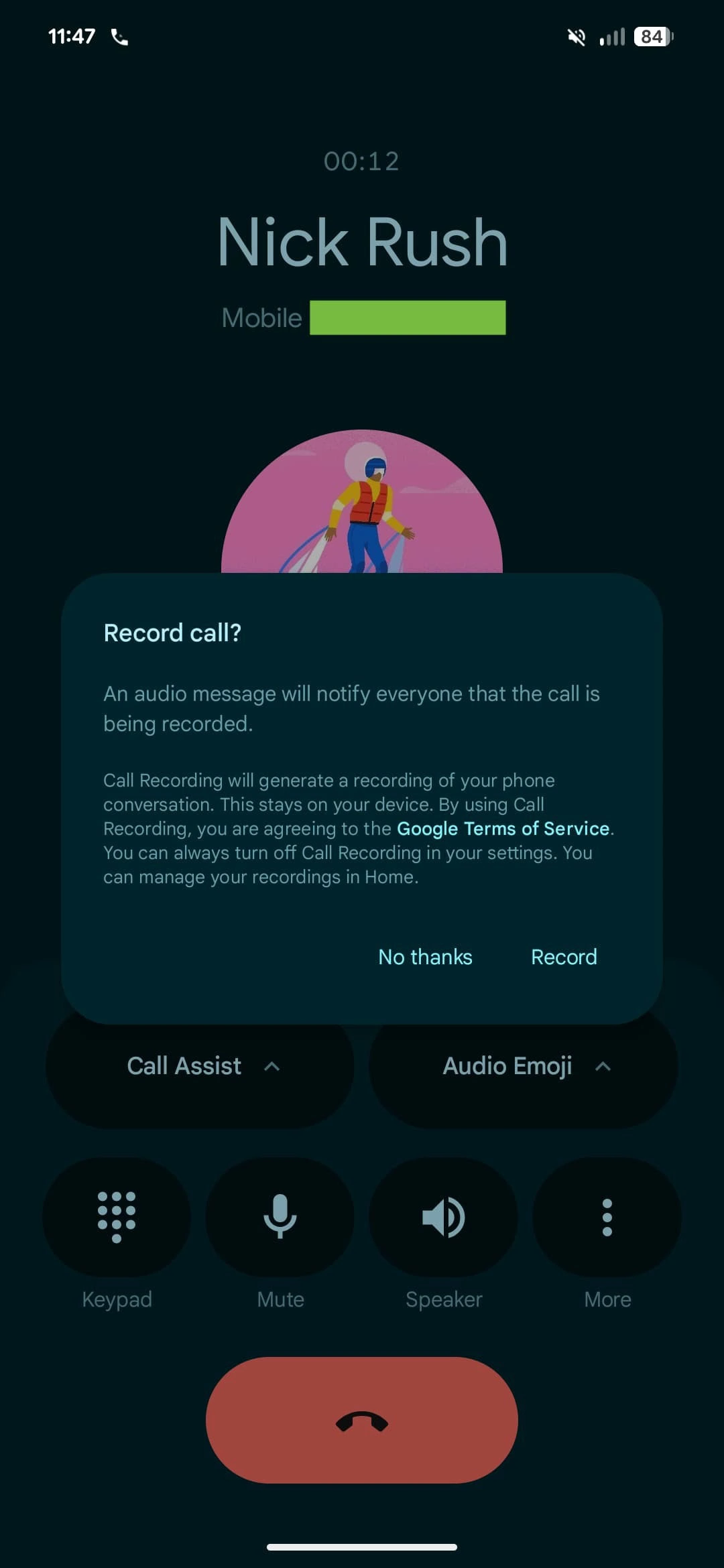 Confirmation de l'enregistrement des appels de l'application téléphonique