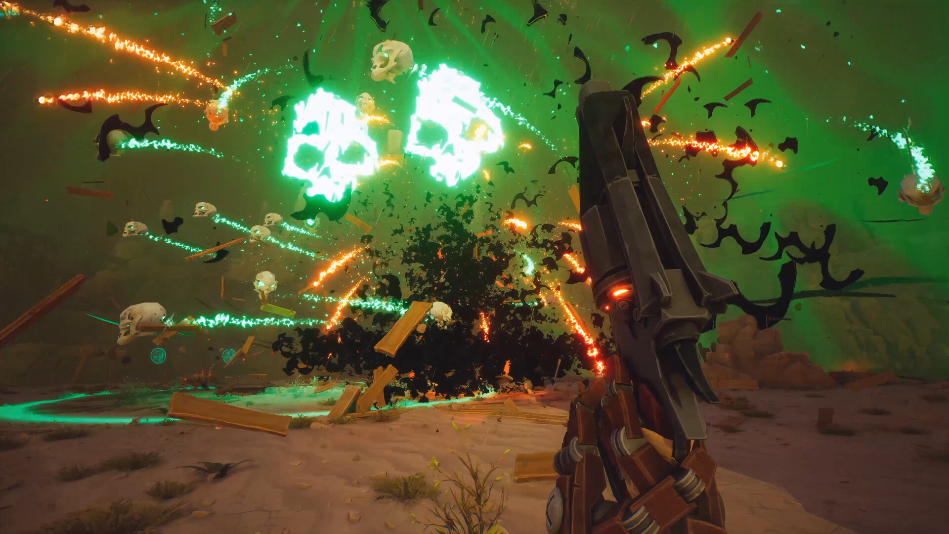 Un pistolet tire des orbes verts explosifs. 