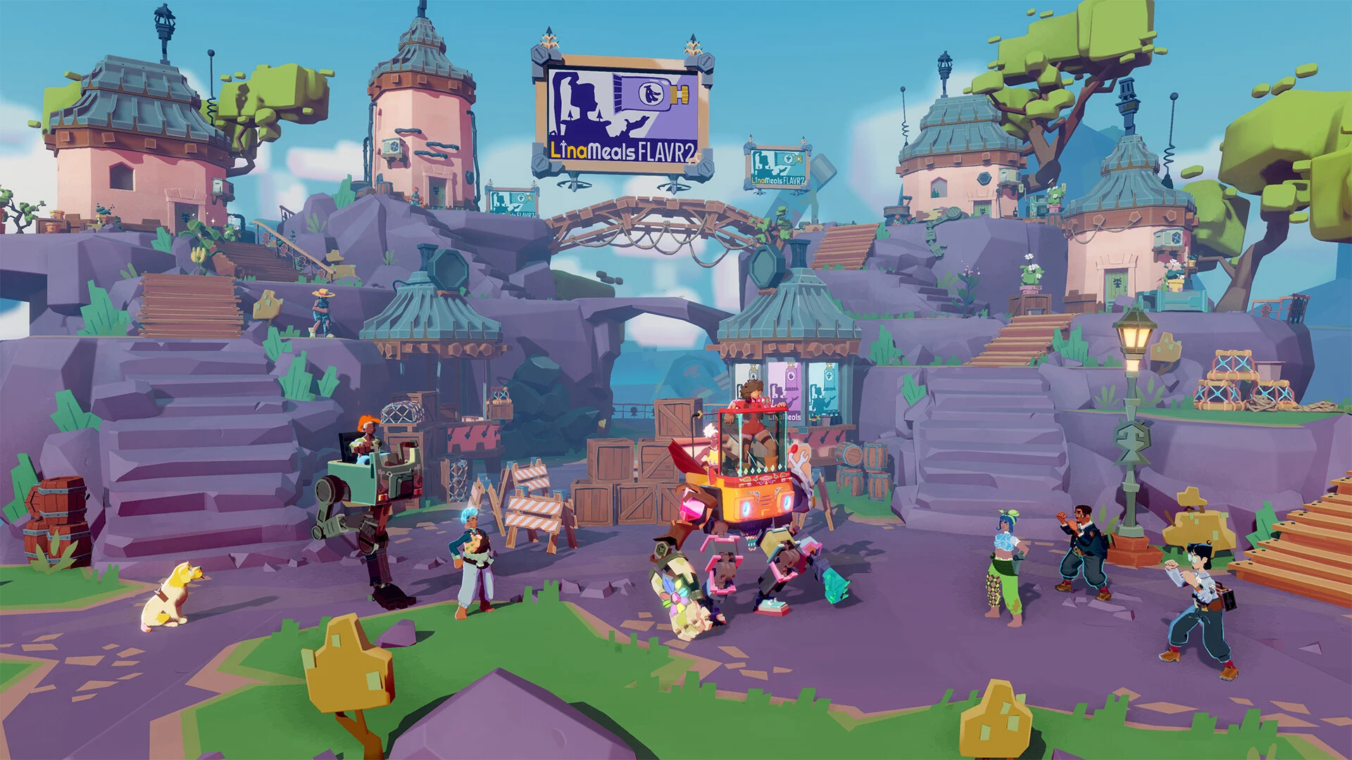 Des personnages apparaissent dans une ville colorée.